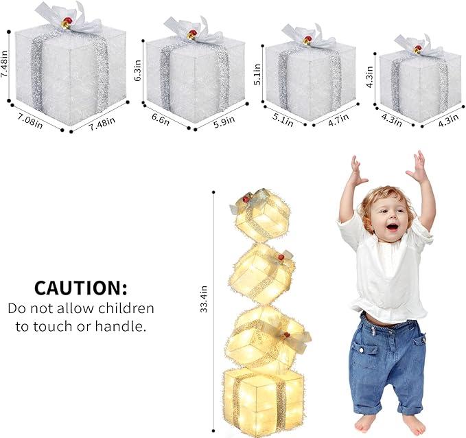 Christmas Lighted Gift Boxes Decorations Set of 4, 2.8Ft Stackable Christmas Nesting Boxes Battery Operated with Timer for Home and Party Decoration
