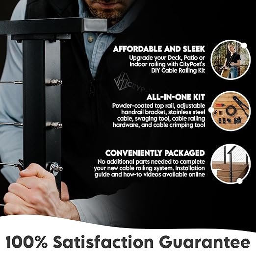 Steel Cable Railing System for Deck Handrails: DIY Complete Kit: Pre-drilled Base Mount Steel Posts, Wire Rope, Tools, Hardware Kit Included (32 ft, Black 42 Inch)