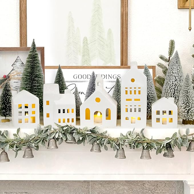 Christmas Decorations - Christmas Village Sets of 5 Lighted Ceramic Houses with Remote Control & 9 Trees - Indoor White Xmas Holiday Rustic Unique Decor for Home Table Room Farmhouse Decoration