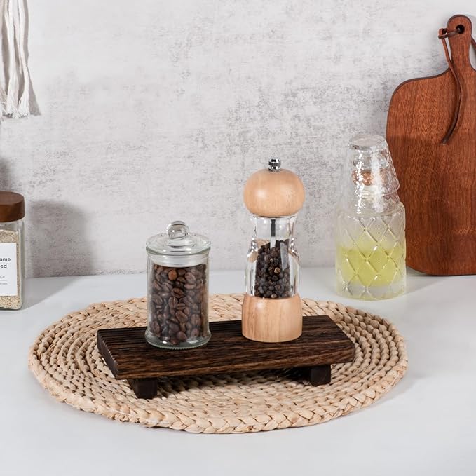 Small Wood Tray Pedestal Stand Farmhouse Bathroom Decor Decorative Wooden Riser Kitchen Soap Dish Holder for Vanity, Counter, Sink, Brown