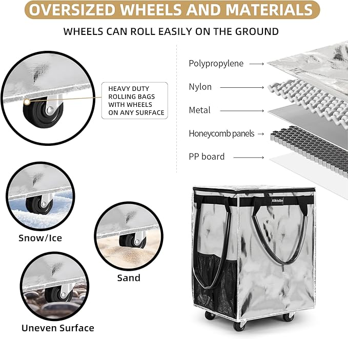 (Large,Silver) Reusable Grocery Bag on Wheels, Foldable Rolling Tote Carries Up to 76lb Shopping Trolley,Rolling Bag with Handles,Zipper Clouser Rolling Tote Bag with Wheels for Trips, Laundry