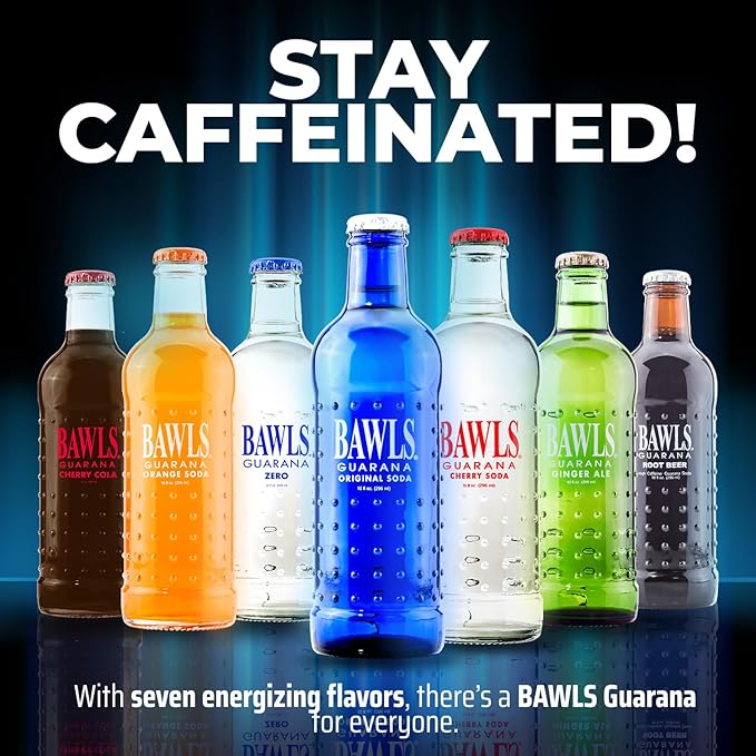 BAWLS Guarana Original - Guarana Fueled Soda for Energy, High Energy Caffeinated Drink, 10oz 24 Pack Glass Bottles