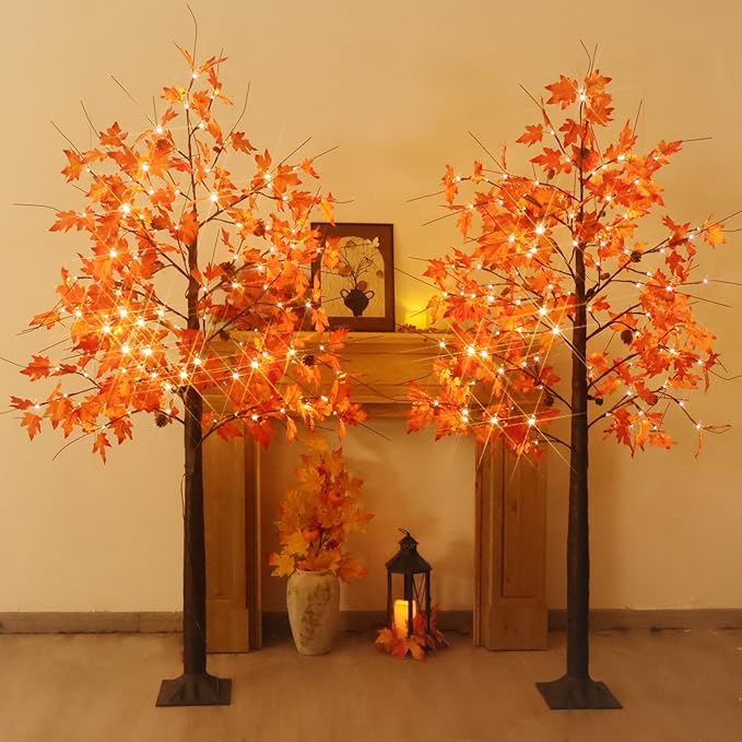 Fall Tree with Lights, 2 Pack 6FT Lighted Maple Tree, Prelit Artificial Tree Thanksgivng Decor, Dimmable Autumn Tree Lights, Lighted Fall Tree for Home Decor Harvest Halloween Decorations