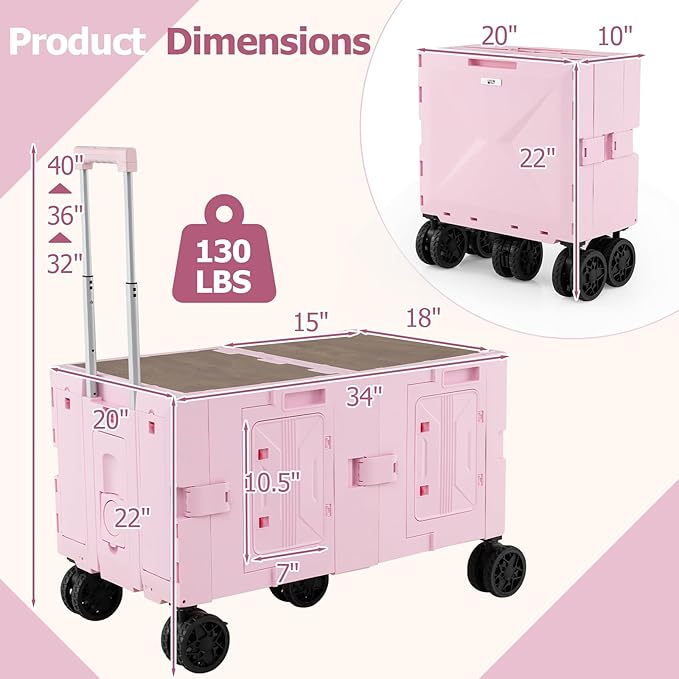 Goplus Large Foldable Utility Cart w/ 2-Tier Storage Crates, 5 Rotate Wheels, Metal Telescoping Handle, Portable Rolling Trolley Collapsible Cart for Grocery Shopping Camping & Travel (Pink)