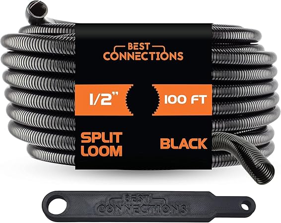 Split Wire Loom Flex-Guard Convoluted Tubing with Installation Tool - Protective Cable Sleeves for Automotive Home Electrical Wires Chemical Resistant Conduit Black (1/2" Loom + Tool)