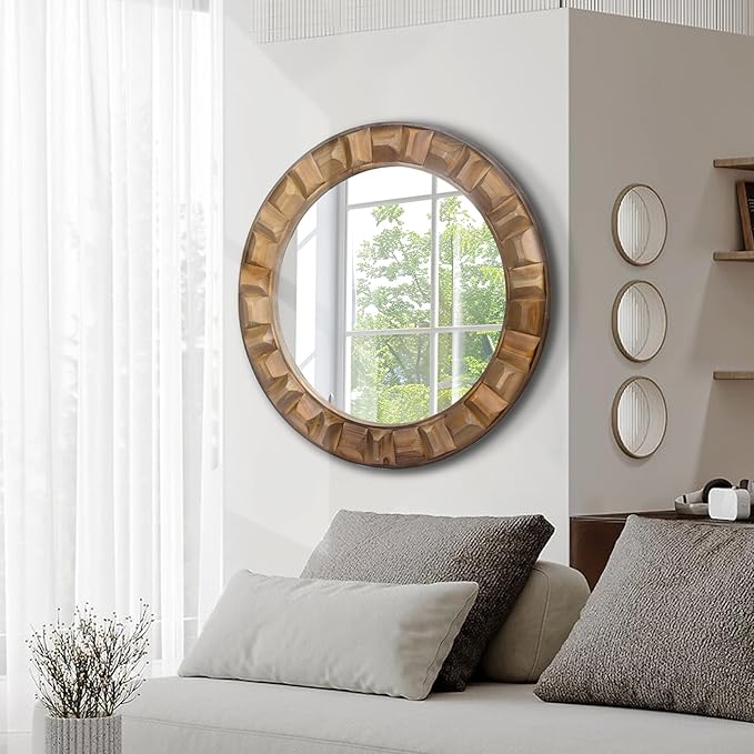 30 Inch Round Wood Mirror for Wall, Circle Decorative Mirror with Solid Wood Frame, Rustic Hanging Mirror for Bathroom, Entryway, Bedroom or Living Room