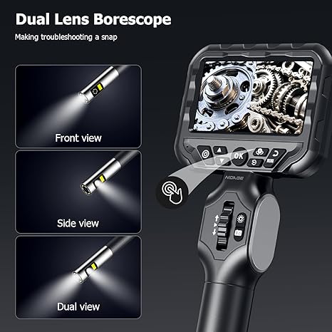 Dual Lens Articulating Borescope NIDAGE Two-Way Endoscope Camera with Light Articulated Probe, 0.25in Engine Inspection Camera Waterproof Fiber Optic Scope Cam Tool for Automotive Wall Mechanics 5.3FT