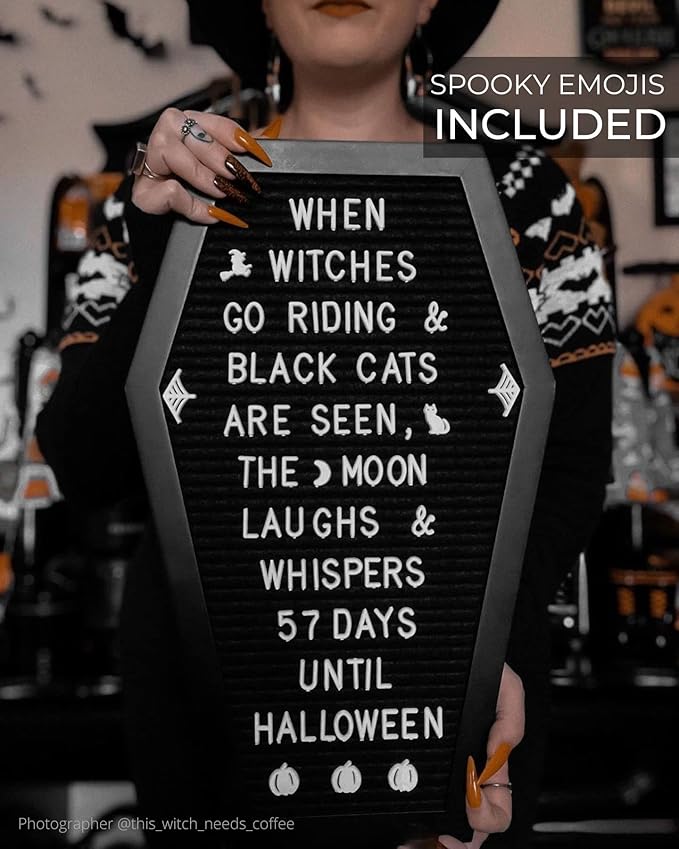 Coffin Letter Board Black +3D Bat Stickers +650 Characters, Spooky & Seasonal Emojis, Wooden Stand - 17x10.5 Inches - Coffin Shaped Goth Decor Sign Witchy Halloween Decorations Gothic Decor Birthday Wedding Home Spooky Gifts