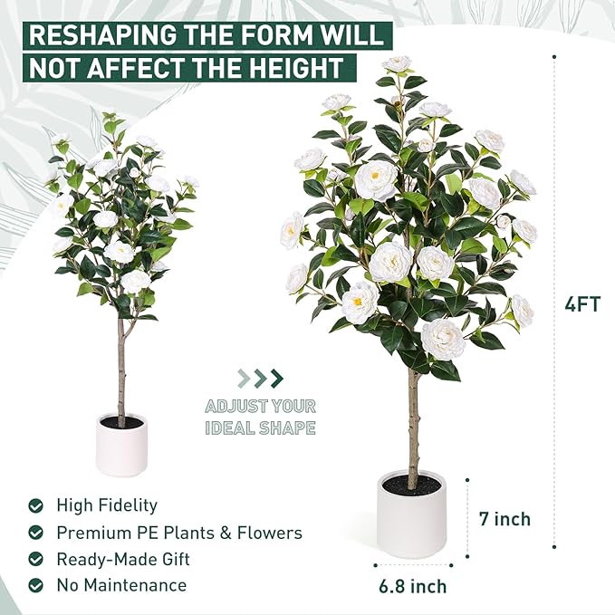 47 inch Artificial Camellia Tree with White Flower Pots -2 Pack White Fake Tree,4 Ft Faux Plants Indoor wich Blooming,Artificial Plants for Indoor & Outdoor Home Front Door Decor