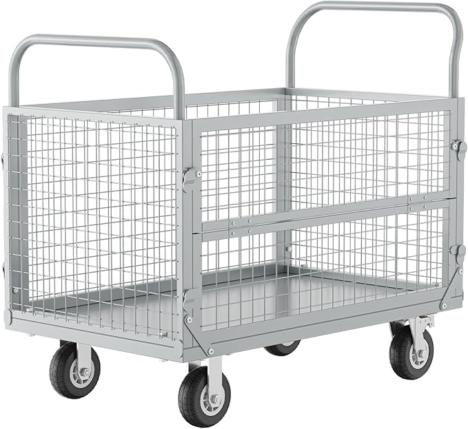 Platform Truck with Cage, Heavy Duty Flatbed Cart, Foldable Hand Truck, Load 2500LB with 4 Swivel Casters, Multi-Functional Push Cart for Grocery, Laundry, Shelving, Pantry