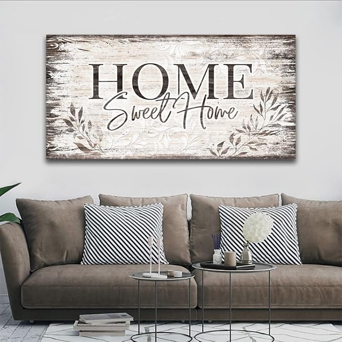 Home Sweet Home Wall Art Sign Large Dark Brown Farmhouse Wall Sign for Living Room Decoration Wooden Board Design Canvas Prints Modern Rustic Artwork Leaf Pictures Wall Decor 20" x 40"