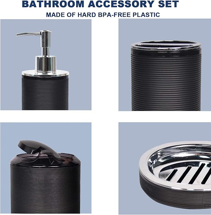 CERBIOR Bathroom Accessories Set 6 Piece Bath Ensemble Includes Soap Dispenser, Toothbrush Holder, Toothbrush Cup, Soap Dish for Decorative Countertop and Housewarming Gift, Black
