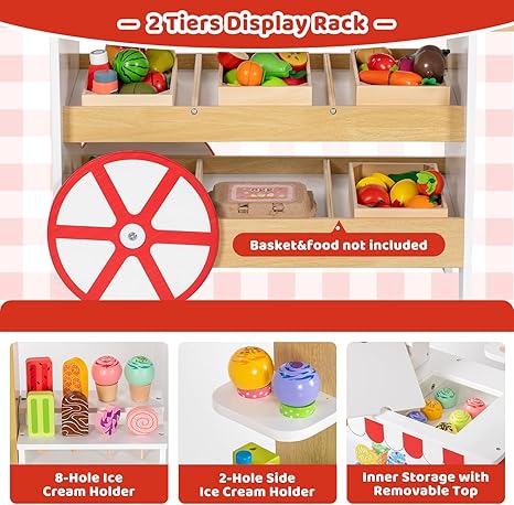 2 in 1 Ice Cream Cart for Kids, Wooden Grocery Store Playset w/ 15 PCS Play Accessories & Display Shelves, Toddler Pretend Play Toy Food Truck Stand with Wheels &Canopy Gift for Girls Boys