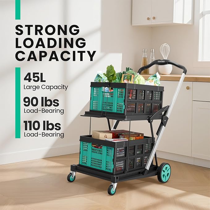 Collapsible Shopping Cart with Wheels,8-in-1 Grocery Cart on Wheels with 2 Storage Crate, Foldable Shopping Carts for Grocery 200 LBS Capacity, Platform Hand Truck with Foot Brake, Blue