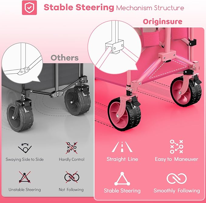 220L Collapsible Wagon Cart Foldable, 460LB Load Capacity Heavy Duty Folding Beach Wagons with Big All-Terrain Wheels, Utility Carts for Groceries, Camping, Sports - Pink