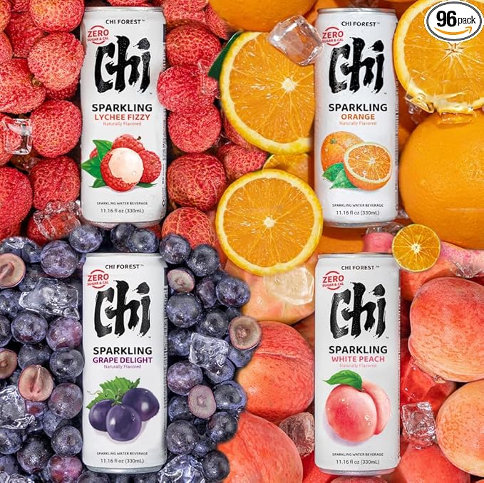 CHI FOREST Variety Bundle Sparkling Water Beverages, Zero Sugar, Zero Caffeine, 11.15fl oz Cans(24 Pack *4)