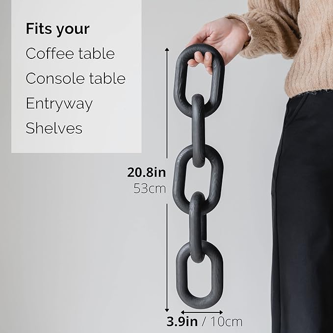 Wood Chain Link Decor - Modern Coffee Table Decor Items, Black Chain Decor for Coffee Table, Wooden Decorative Chain, Bookshelf Decor, Shelf Decor Accents, Table Decorations for Living Room