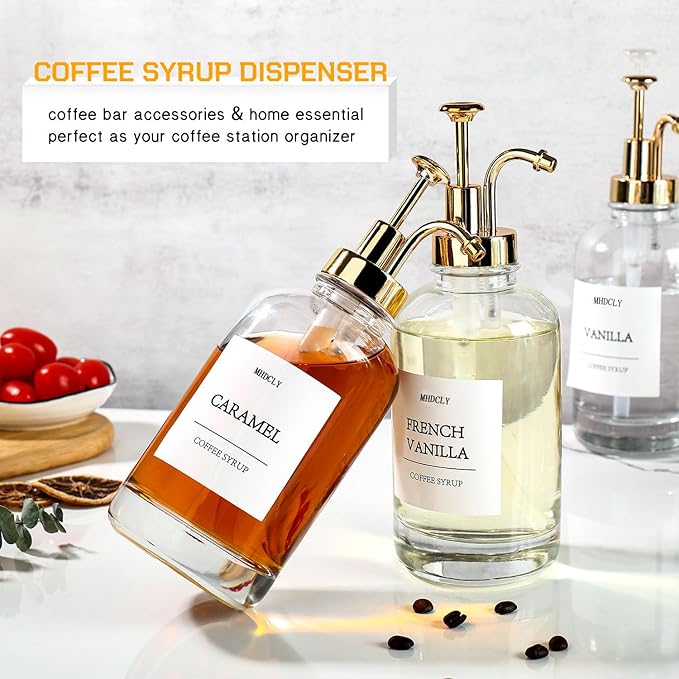 Coffee Bar Accessories, Coffee Syrup Dispenser - 4pack,16.9oz Syrup Dispenser with Labels,Syrup Pump Dispenser for Coffee Bar(Gold pump)