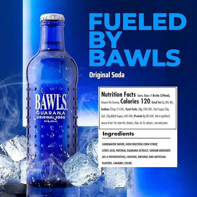 BAWLS Guarana Original - Guarana Fueled Soda for Energy, High Energy Caffeinated Drink, 10oz 24 Pack Glass Bottles
