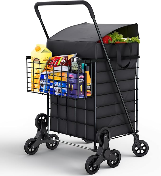 Stairs Climbing Shopping Cart w/Waterproof Basket Liner & 360° Swivel Wheels | Foldable Collapsible & Lightweight | Perfect for Groceries Laundry Utility Cart - Black