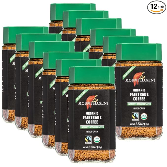 Mount Hagen 3.53oz Organic Freeze Dried Instant Decaf Coffee-12 Pack | Eco-friendly, Fair-Trade Decaf Coffee Made From Organic Medium Roast Arabica Beans [12x 3.53oz Jar]