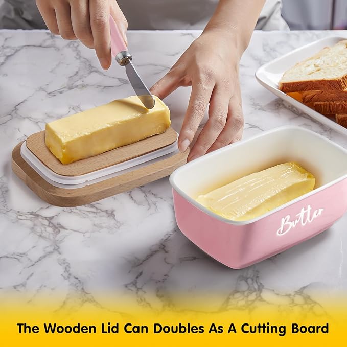 ALELION Pink Butter Dish with Lid and Knife for Countertop - Airtight Ceramic Butter Container with Thick Acacia Wood Lid for Counter - Pink Kitchen Decor and Accessories