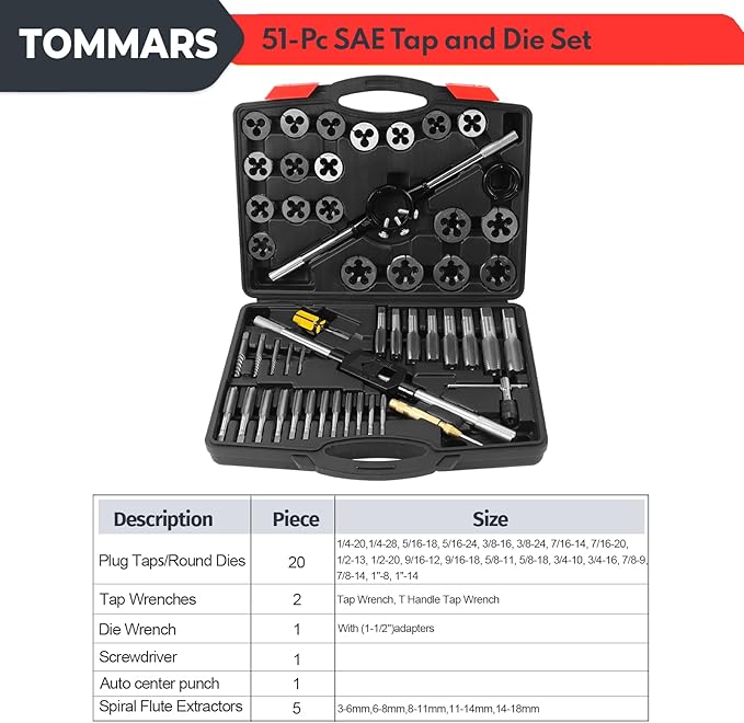 TOMMARS 51-Pc 1/4-20 to 1-14 Jumbo Tap and Die Set SAE Round Threading Dies for Threading and Rethreading Internal and External Threads
