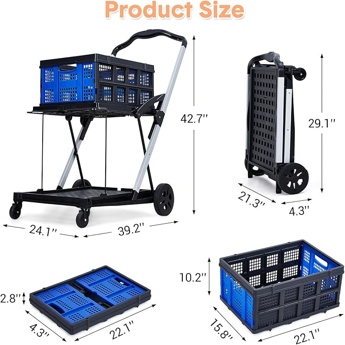 Collapsible Shopping Cart with Wheels, 2-Tier Portable Utility Cart with Removable Storage Crate for Home Groceries Supermarket