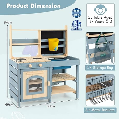 KOTEK 2 in 1 Mud Kitchen, Outdoor Play Kitchen & Grocery Playset w/Removable Sink, Water Tank & Faucet, Stoves, Oven, Blackboard, Storage Bag & Baskets, Double Side Wooden Mud Table for Kids Outdoor