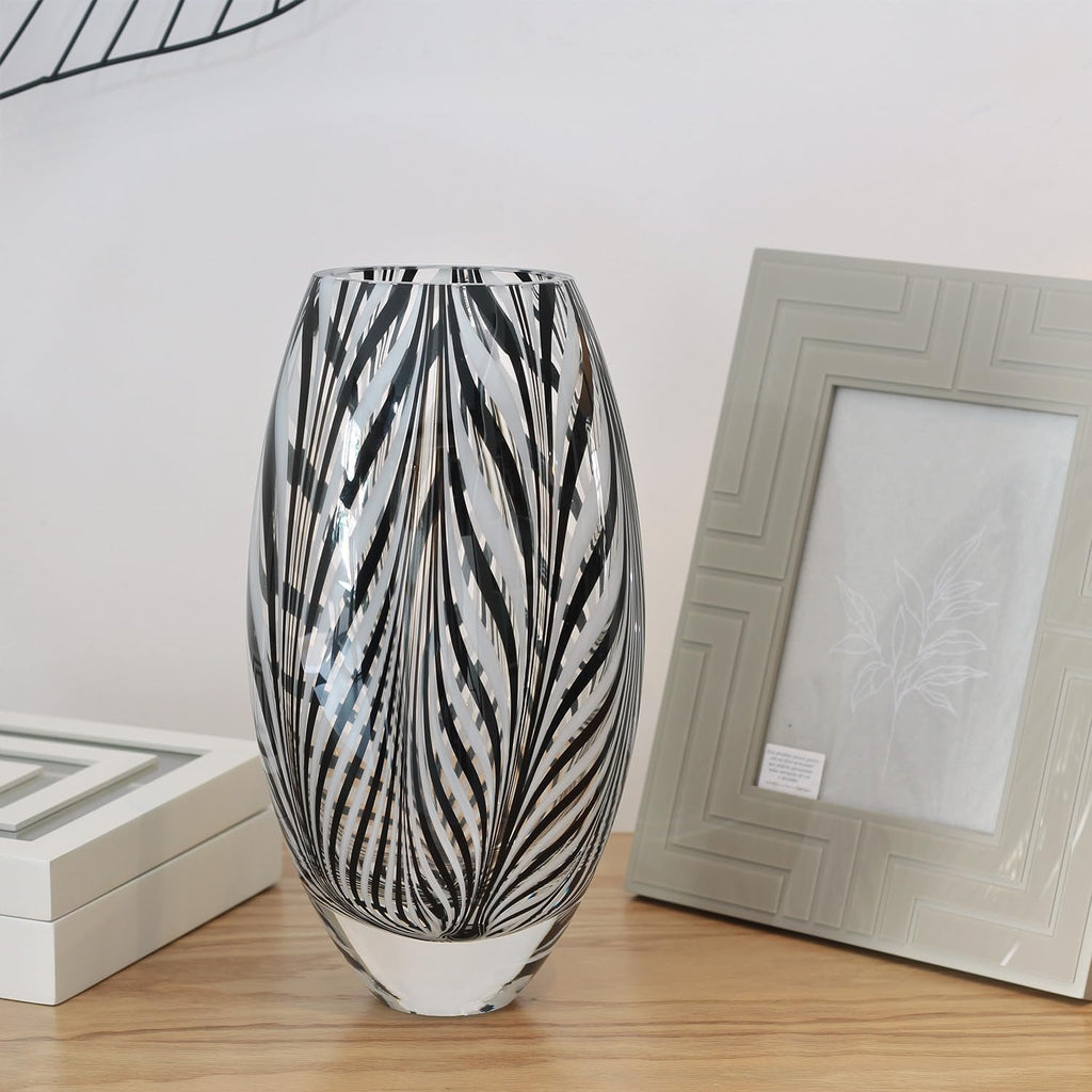 Ca D Oro Murano Style Glass Vase Black and White Feather Pattern Hand Blown Art Glass for Flower, Room Decoration and Centerpiece - Model 54 MS
