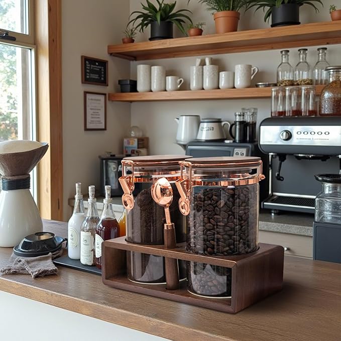 Glass Coffee Container with Wooden Shelf, 2 x 40 FLOZ Coffee Bean Storage with Sealed Closure Clips and Copper Spoon, Kitchen Large Capacity Food Storage Jar, Ground Coffee Container