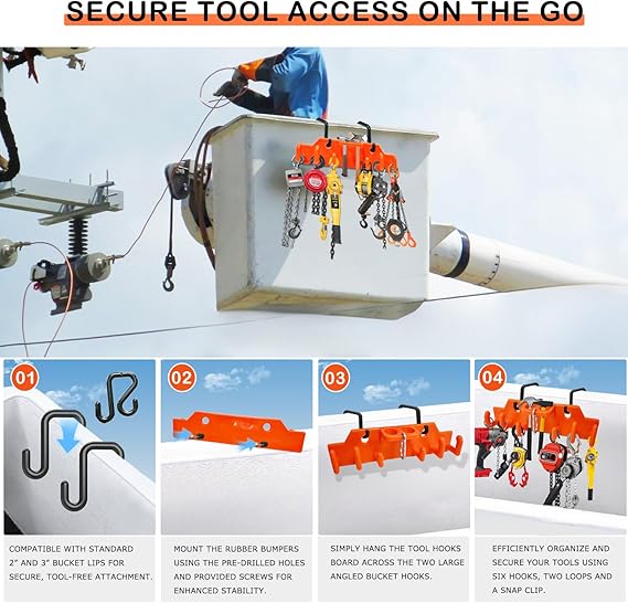 Lineman Tool Board, Bucket Truck Hook Organizer, Bucket Truck Accessories for Lineman, Including Four Hook for Aerial Baskets(Two 3” and Two 2”)