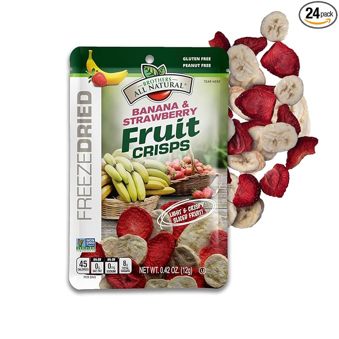 Brothers All Natural Freeze Dried Fruit Crisps, Banana Strawberry, 0.42 Oz (Pack of 24), Made with 100% Fruit, Gluten Free, Soy Free, Vegan, Heathy Snack, Lunch Box Ready