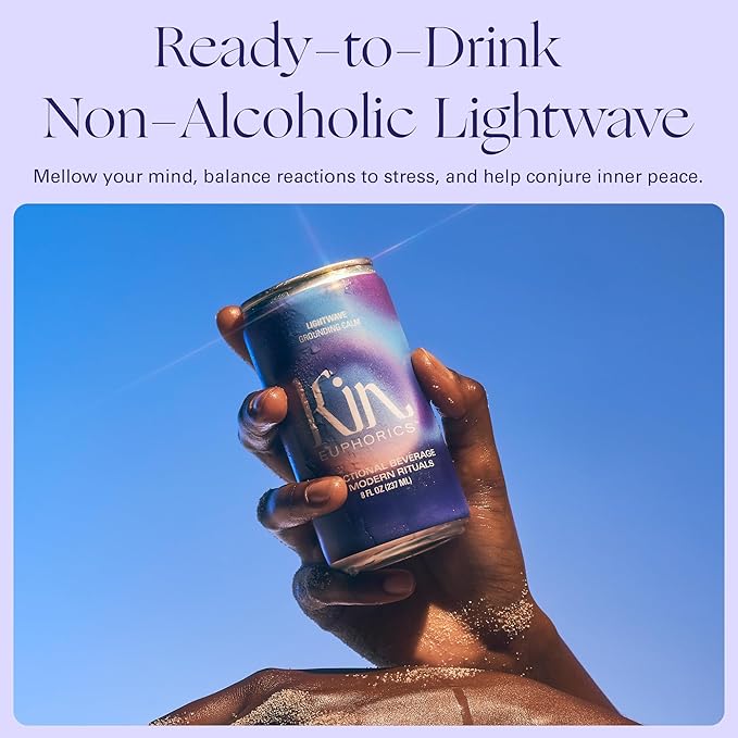 Kin Euphorics Lightwave Non-Alcoholic Functional Beverage | Calm the Mind & Mellow the Mood | Adaptogens, Nootropics, Reishi Mushroom & L-Theanine | 8 Fl Oz (16pk)
