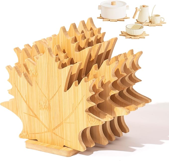 Bamboo Trivets for Hot Dishes, Pots & Pans - 4 Large + 2 M Heat Resistant Pot Holders Trivet Set with Maple Leaf Design, Non-Slip for Kitchen Countertops & Dining Table (Natural Materials)