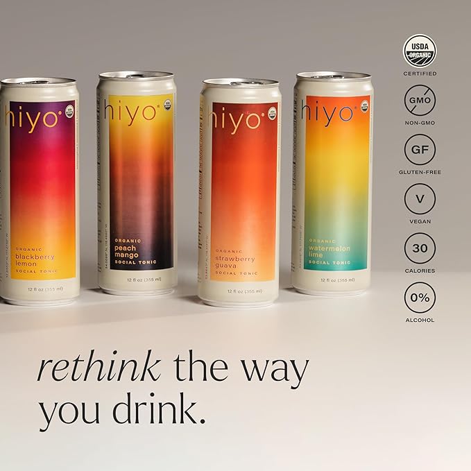 Hiyo Organic Social Tonic – Variety Pack, 12 Pack - N.A. Functional Seltzer, Sparkling Water Crafted with Organic Adaptogens, Nootropics & Botanicals