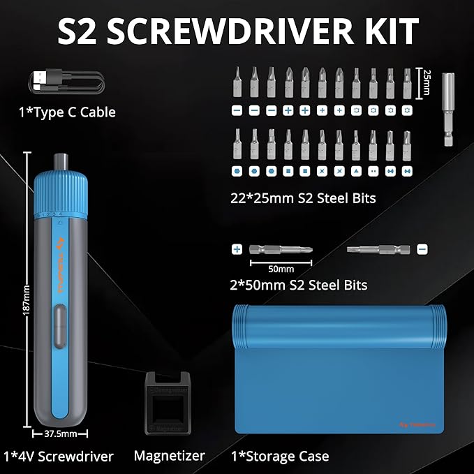 Tilswall 4V Cordless Electric Screwdriver 25pc S2 Steel Bits,Blue Mini Power Screwdriver with 4-Level Torque Control,10N.m/260 RPM,2200mAh Battery & USB-C Charging,for DIY and Home Repairs