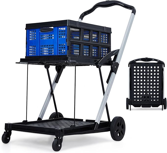 Collapsible Shopping Cart with Wheels, 2-Tier Portable Utility Cart with Removable Storage Crate for Home Groceries Supermarket