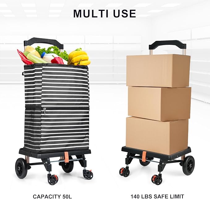 2-in-1 Shopping Cart for Groceries, Lightweight Aluminum Grocery Cart on Wheels and 50L Removable Waterproof Shopping Bag for Moving, Camping (Black)