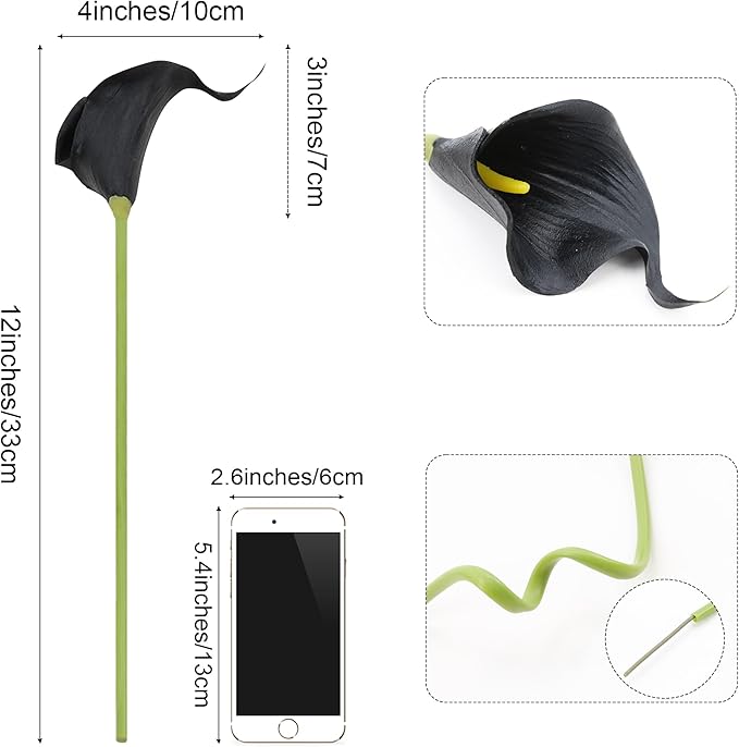 SITUMEIZI 24 PCS Black Fake Flowers Artificial Calla Lily Silk Flowers Real Touch for Mother's Day Easter Home Kitchen Decor Wedding Bouquet Office Spring Decoration