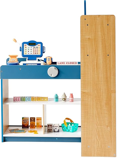 Amazon Basics Grocery Store Checkout Counter with Shopping Cart, Kids Supermarket Pretend Play Store Cash Register, Gift for Age 3Y+, Multicolor