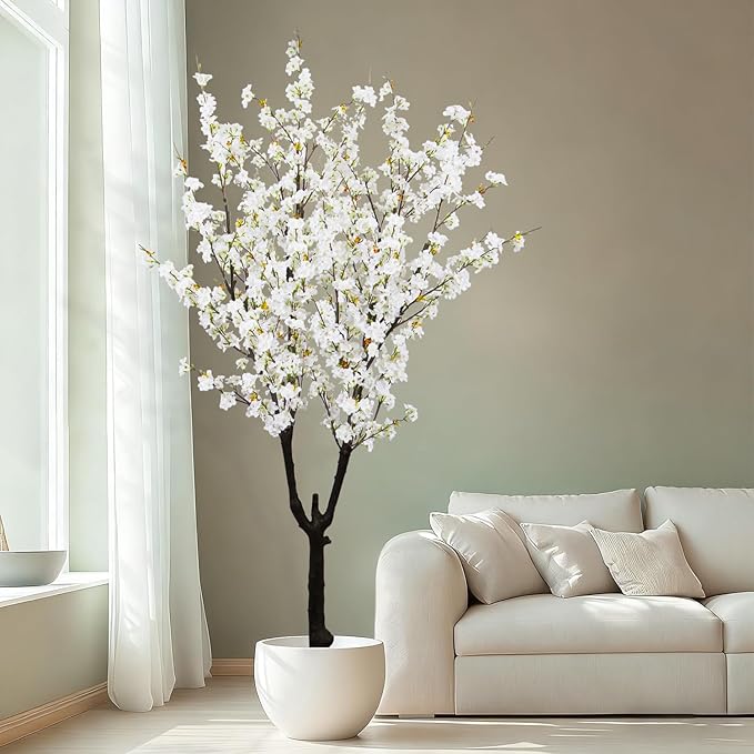Faux White Cherry Blossom Tree 6ft(74in) Tall Artificial Plant Home Decor Handmade Natural Fake White Flower Tree for Wedding Realistic Silk Cherry Plant in Pot for Living Room,Office,Outdoor Decor.