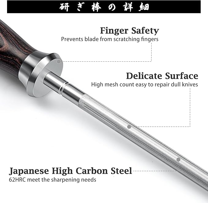 Honing Rod,10 Inch Professional Kitchen Knife Sharpener Rod, Japanese High Carbon Knife Sharpening Steel with Ergonomic Pakkawood Handle, Ideal for All Chef Knives