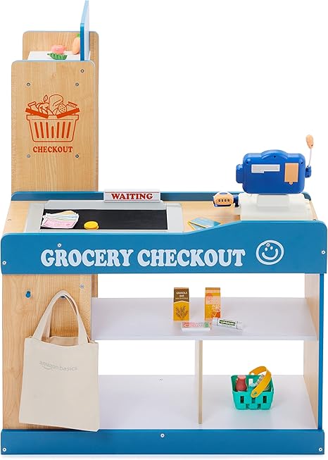 Amazon Basics Grocery Store Checkout Counter with Shopping Cart, Kids Supermarket Pretend Play Store Cash Register, Gift for Age 3Y+, Multicolor