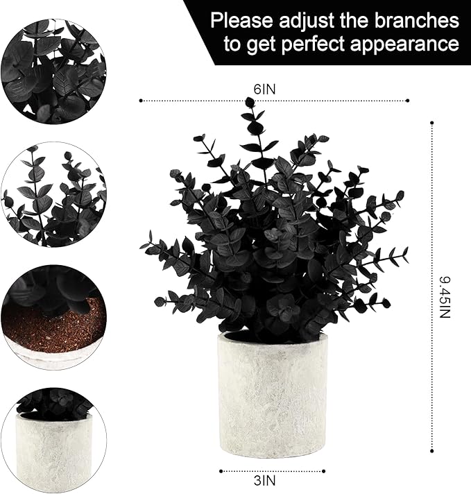 2 Pack Black Fake Eucalyptus Small Fake Plants Potted Artificial Plants for Halloween Decorations Shelf Desk Home Farmhouse Room Coffee Table Bathroom Decor(Black)