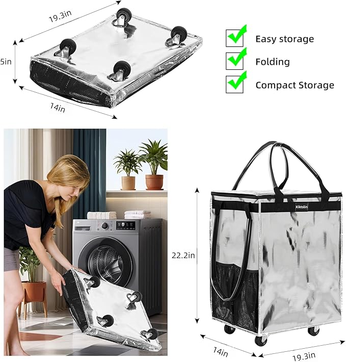(Large,Silver) Reusable Grocery Bag on Wheels, Foldable Rolling Tote Carries Up to 76lb Shopping Trolley,Rolling Bag with Handles,Zipper Clouser Rolling Tote Bag with Wheels for Trips, Laundry
