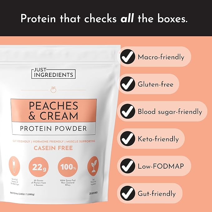 JUST INGREDIENTS Peaches & Cream Protein Powder – 25-Serving Blend with 100% Grass-Fed Whey & Organic Plant Proteins – Real Peach Flavor – Supports Muscle Recovery, Energy*