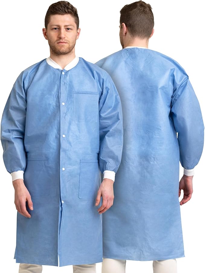 Case of 50 Disposable Lab Coats - Blue - With 3 Pockets and Soft Knit Cuffs & Collar | SMS Unisex Knee Length Medical Lab Jacket, For Hospitals, Pharmacies, Laboratories, Dental Clinics - Extra Large