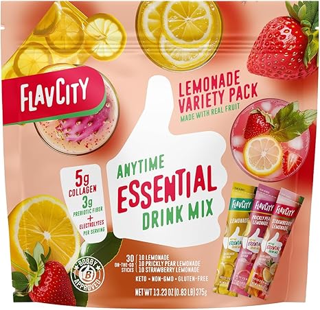 FlavCity Anytime Essential Lemonade Variety Pack - Powder Drink Mix Packets with Collagen - Lemonade Packets in 3 Flavors - Water Flavoring with Collagen, Fiber & Electrolytes (30 Stick Packs)