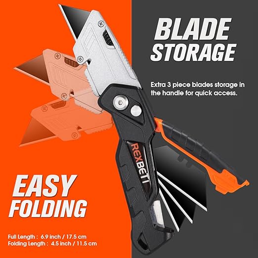 REXBETI 6 Pack Retractable Folding Utility Knife, SK5 Heavy Duty Box Cutter for Cartons, Cardboard and Boxes, Blade Storage Design, Extra 20 Blades Included